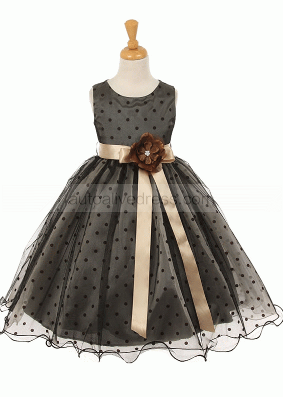 A-line Black Dots Tulle Tea Length Flower Girl Dress With Flower Sash
